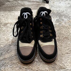 CHANEL Black and Beige Lace-Up Sneakers